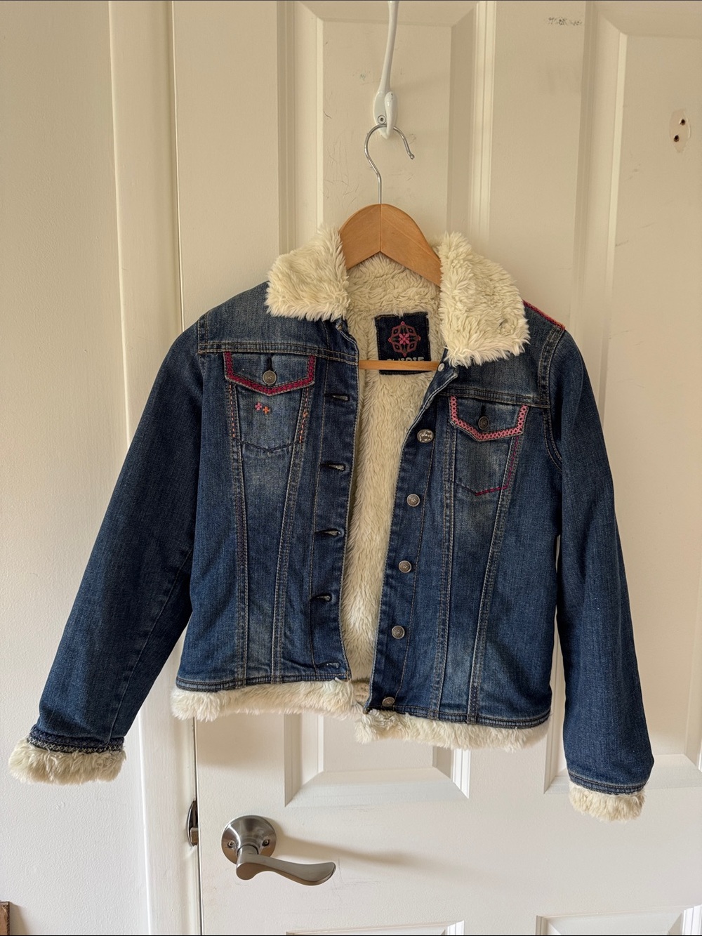 Chipie Denim Patch Jacket with Cream Sherpa and Pink Embroidery